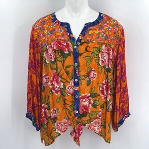 John Mark Button Up Down Shirt Tunic Blouse Top Womens 3X Orange Floral Colorful
